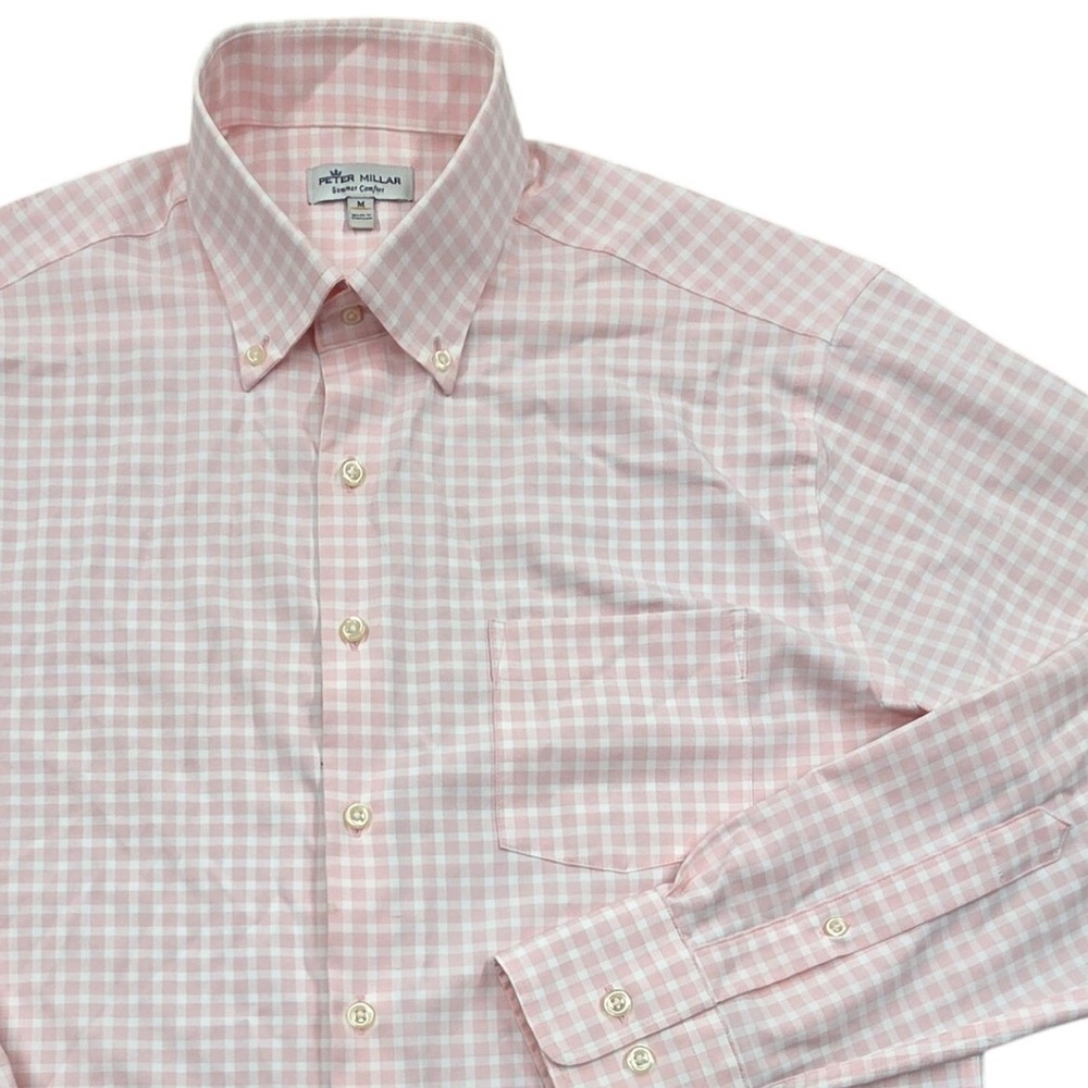 Peter Millar Summer Comfort Gingham Sport LS Shirt Pink Mens Medium *READ
